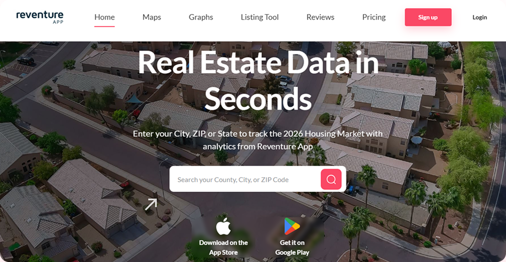 Reventure home page: real estate data in seconds